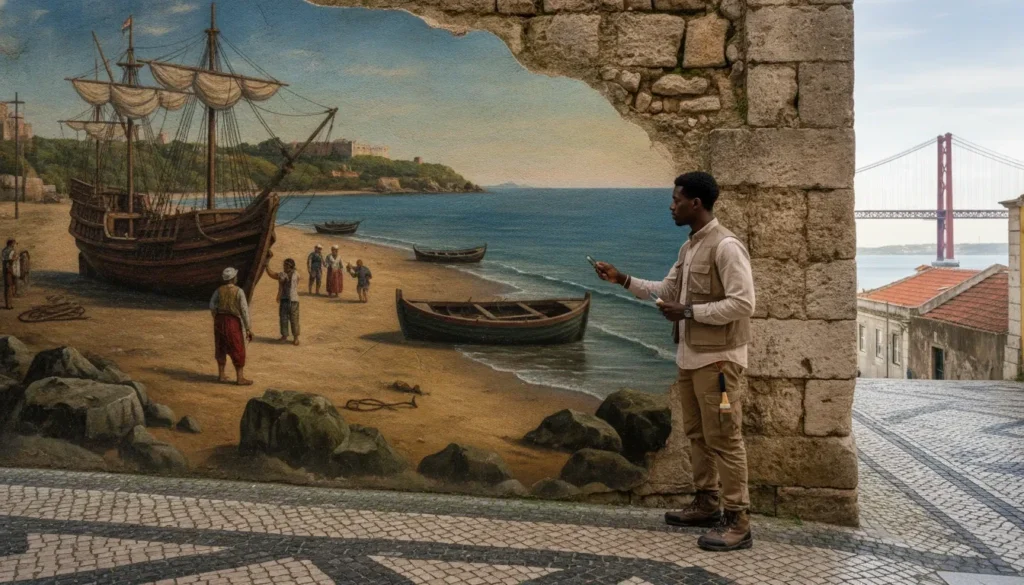 Mural de arte urbana em Lisboa combina arqueologia e pintura para recriar a antiga praia em Alcântara.